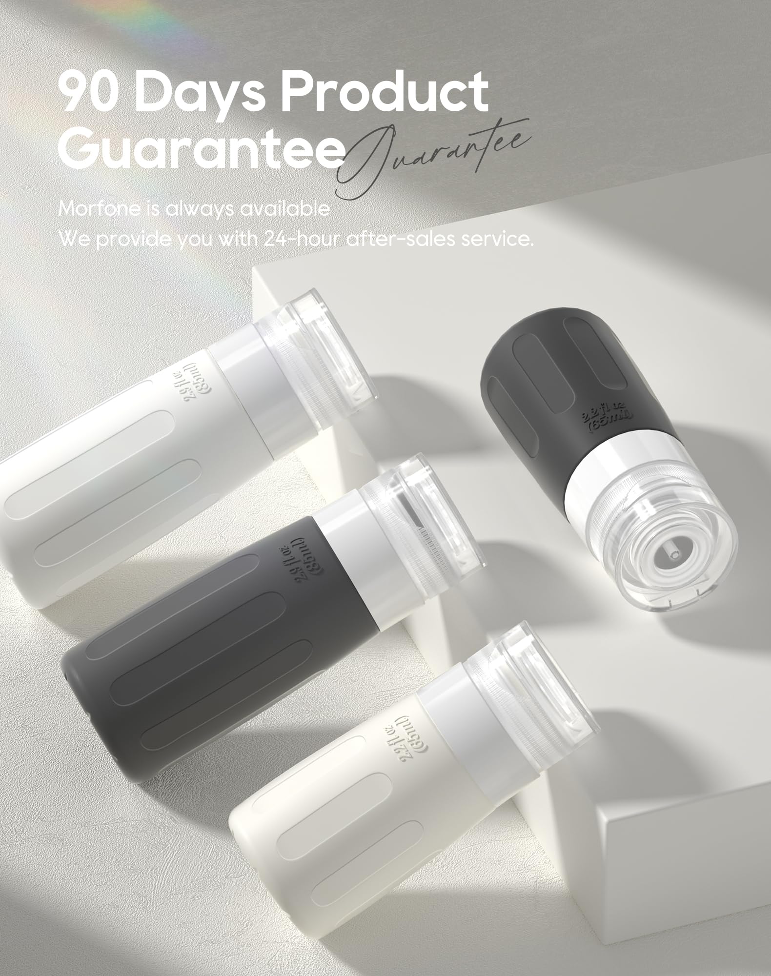 Morfone squeezable bottles simplify portion control and easy dispensing on trips.