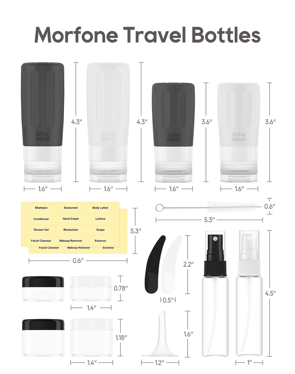 Morfone travel kit contents keep liquids organized with labeled, spill-free design.