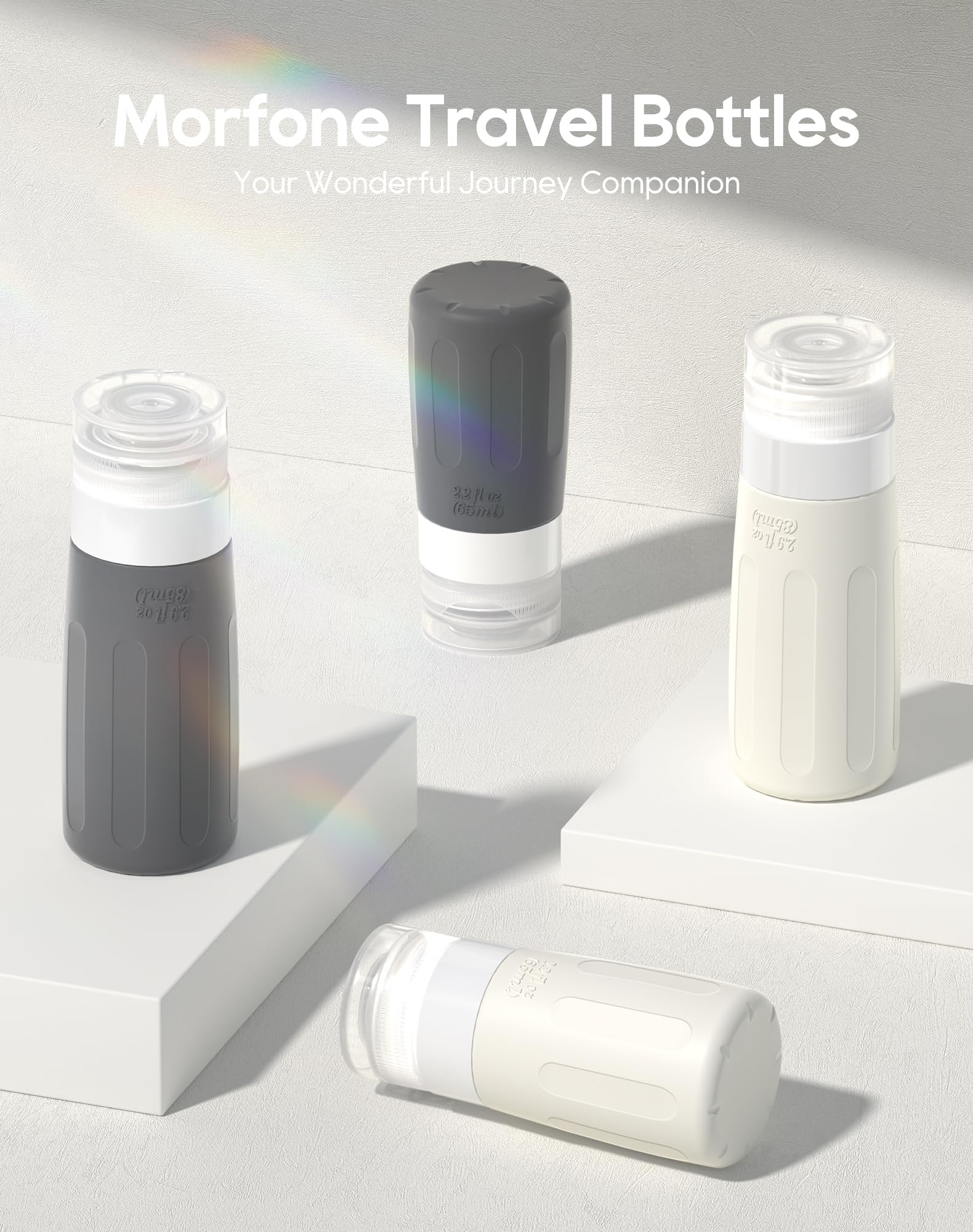 Morfone wide-mouth leakproof travel bottles emphasize easy filling and full-content emptying.