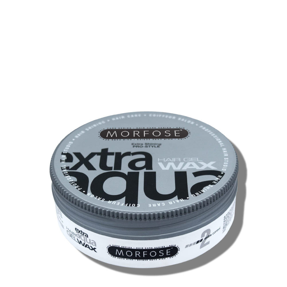 Morfose Extra Aqua Hair Gel Wax packaging highlights a compact travel tin for on-the-go touch-ups