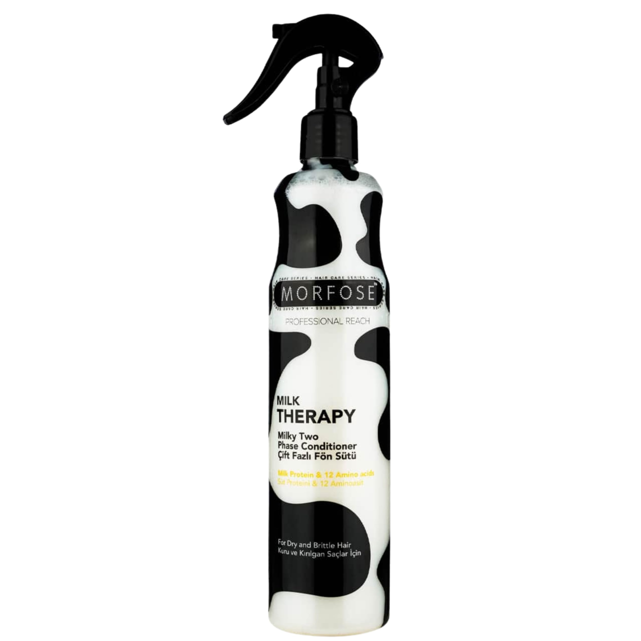 Morfose Milk Therapy bottle demonstrating deep nourishment for dry, damaged hair with spray-on formula