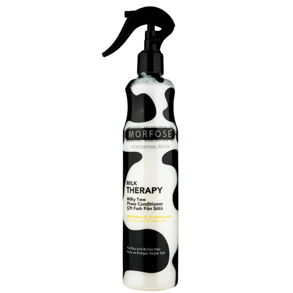 Morfose Milk Therapy bottle demonstrating deep nourishment for dry, damaged hair with spray-on formula