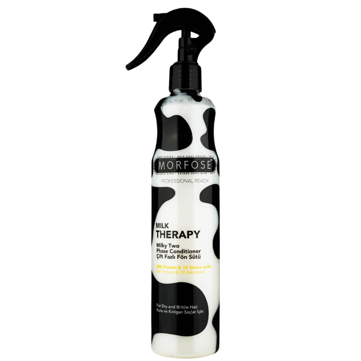 Morfose Milk Therapy bottle demonstrating deep nourishment for dry, damaged hair with spray-on formula