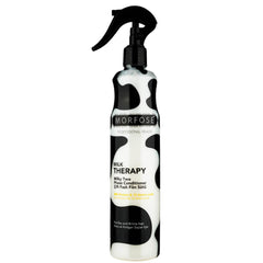 Morfose Milk Therapy bottle demonstrating deep nourishment for dry, damaged hair with spray-on formula