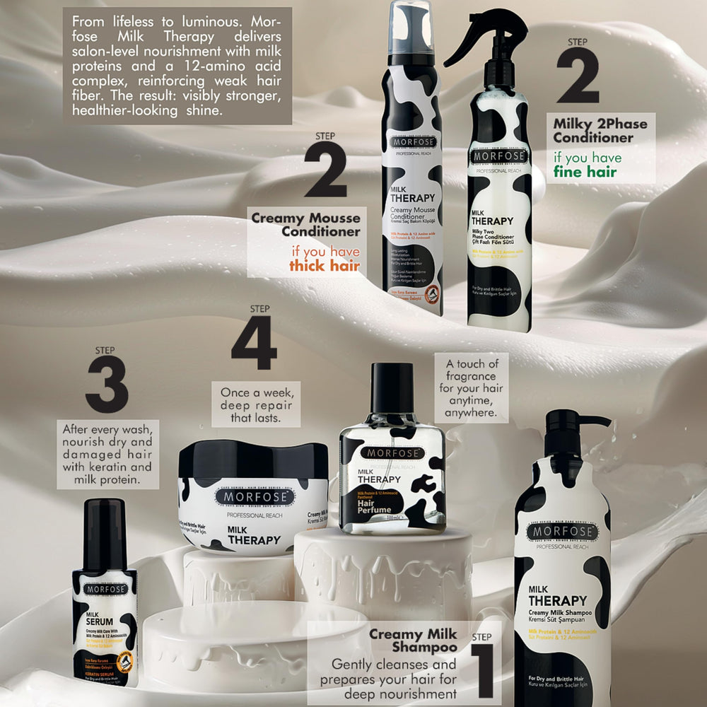 Morfose no-rinse-formula emphasizes effortless styling with a silky, non-greasy finish