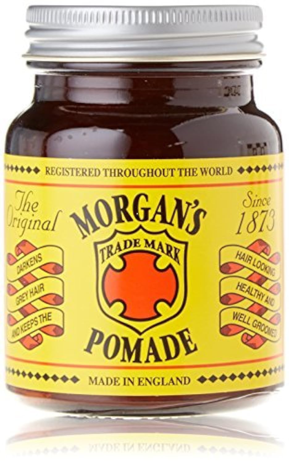Morgans Pomade hair darkening bottle shows smooth, nourished hair effect