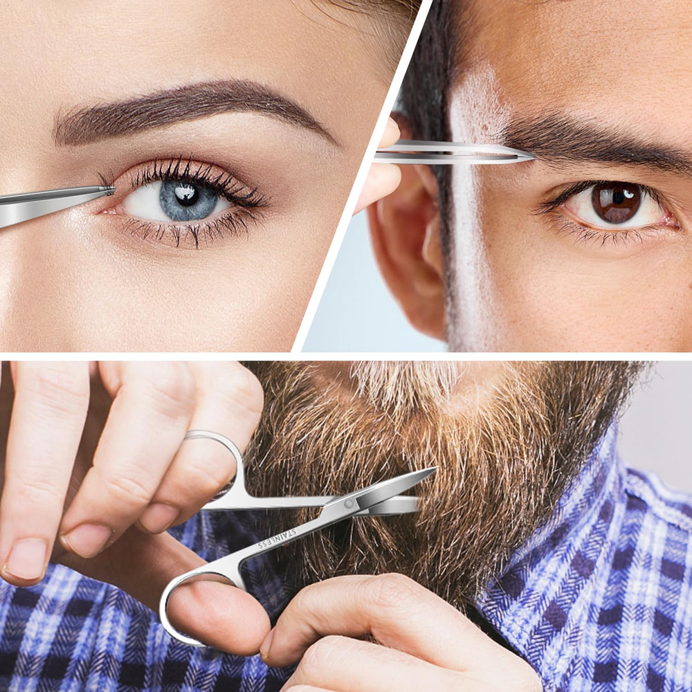 MORGLES-curved-scissors-tweezers-with-comb closeup versatile trimming and cleaning.