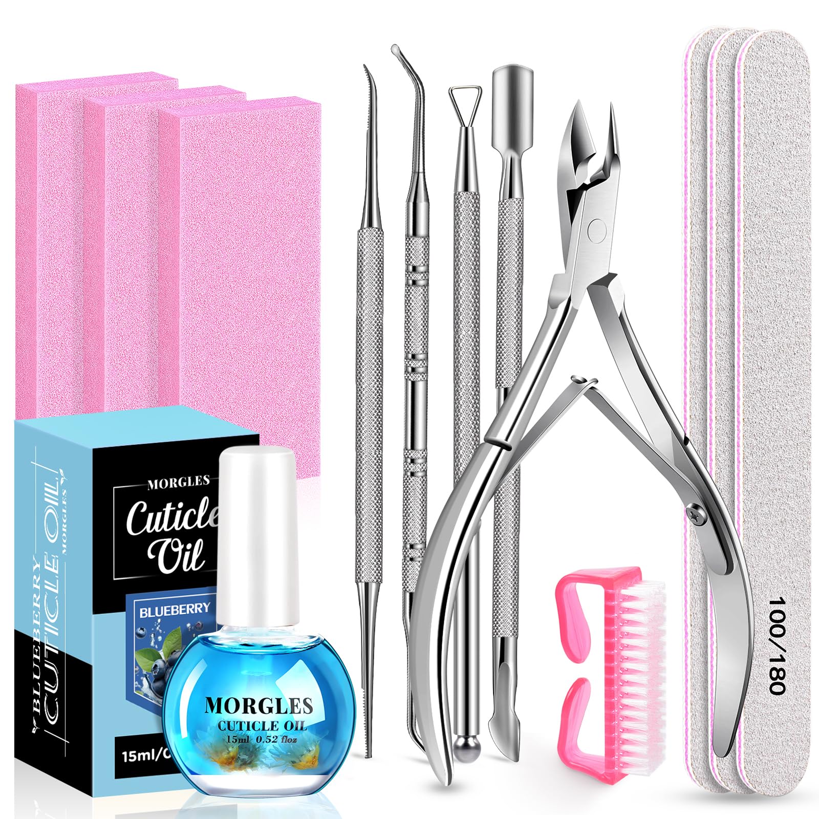 MORGLES nail-files-buffers-set with blueberry cuticle oil packaging supports at-home manicures.