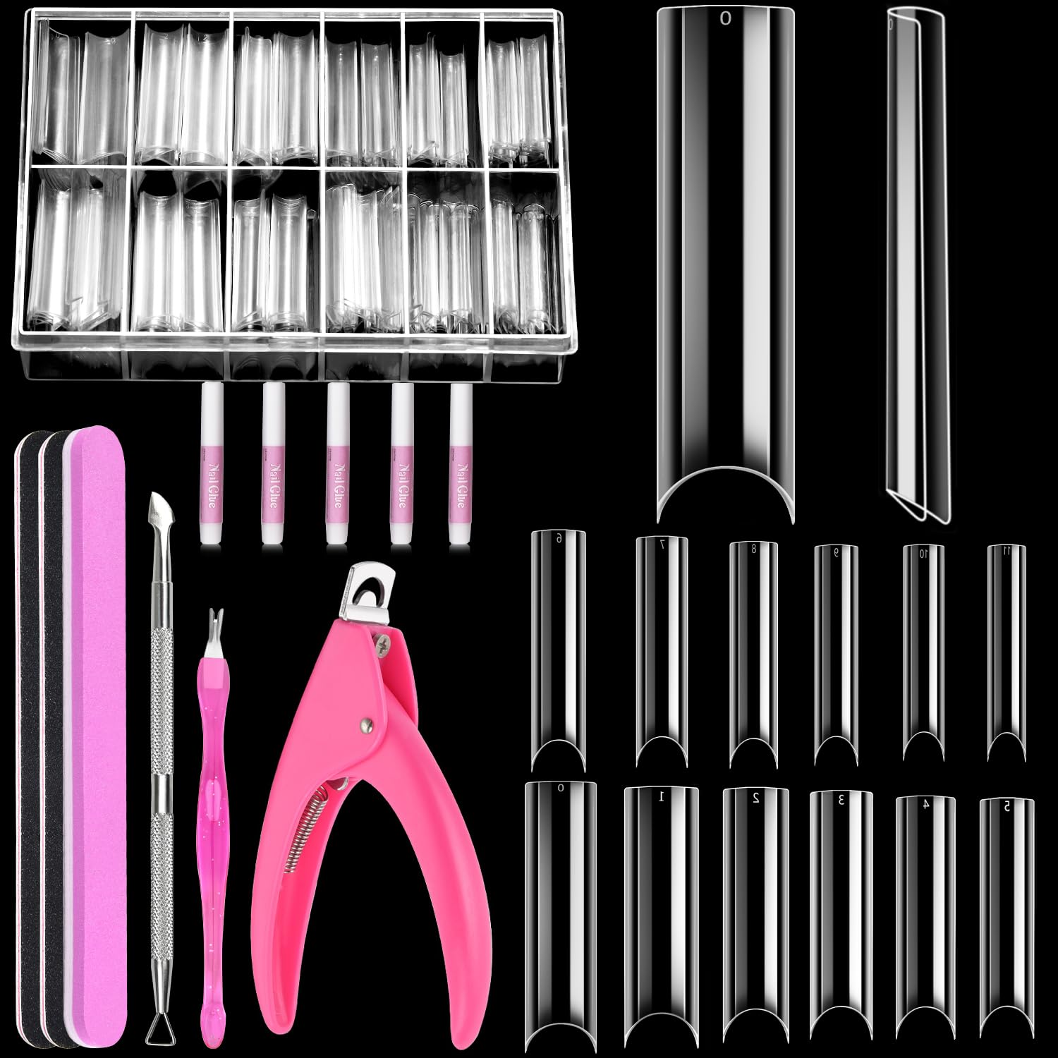 MORGLES clear tapered square nail tips packaging shows a complete DIY kit for salon-at-home use