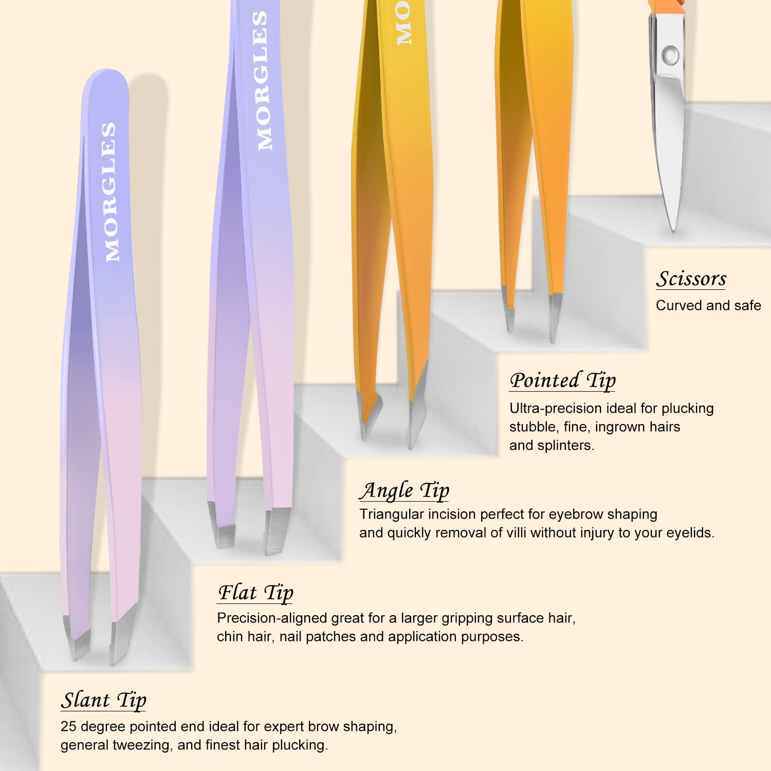 MORGLES flat tweezers closeup for precise hair removal