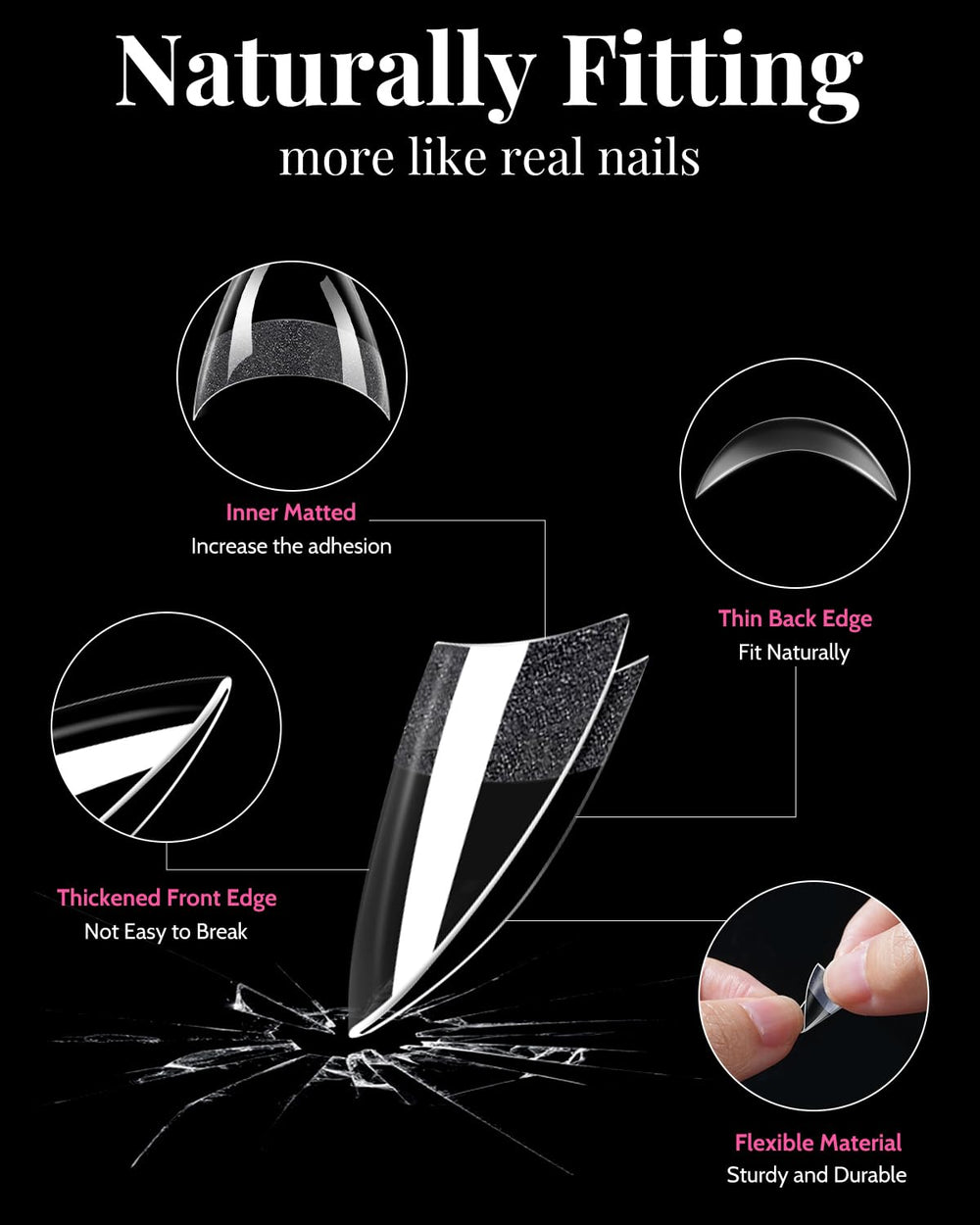 MORGLES half-cover square nail tips illustrating secure adhesion and comfortable fit.