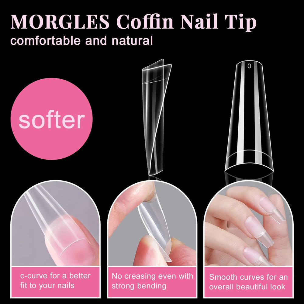 MORGLES nail-glue-and-tools kit shown with tips and glue for quick at-home repairs.