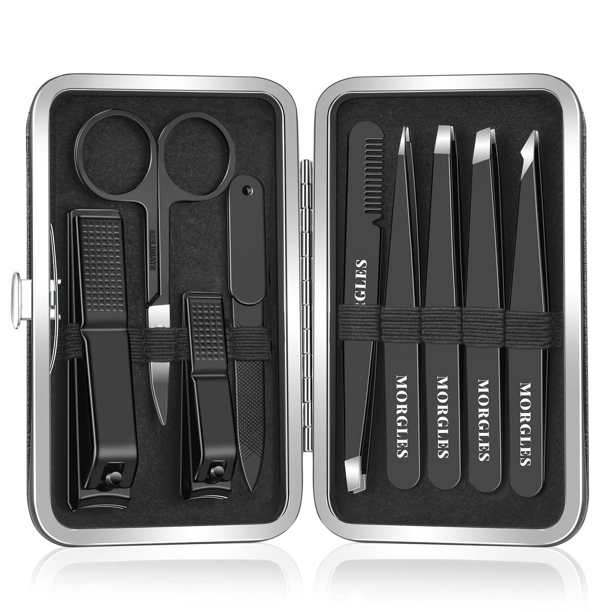 MORGLES tweezers set leather travel case keeps tools organized for on-the-go grooming.