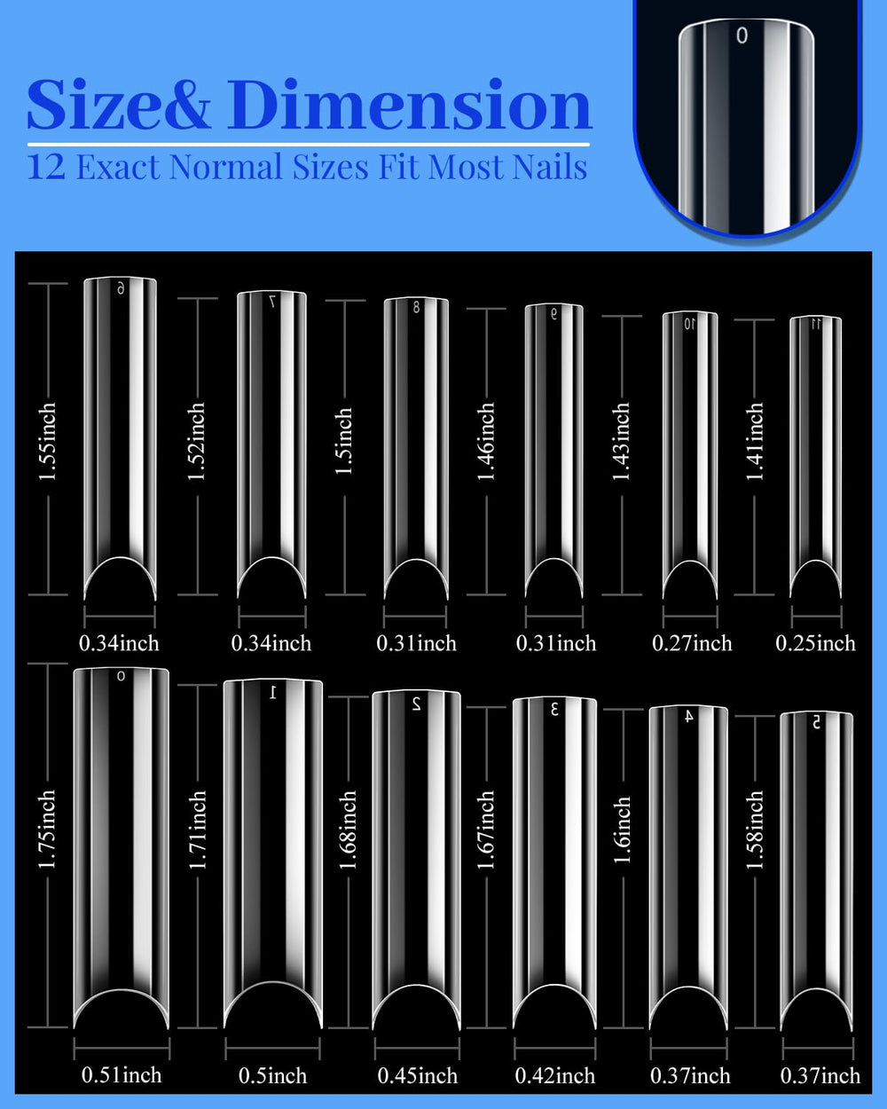 MORGLES XXL extra long straight nail tips 12 size set for precise fitting