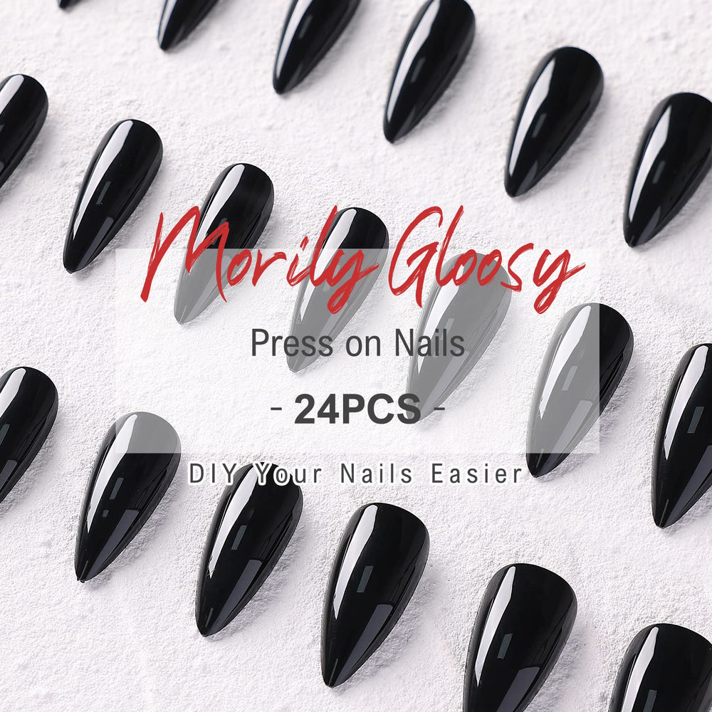 Morily nails kit image highlights glue stickers and tools for DIY setup.