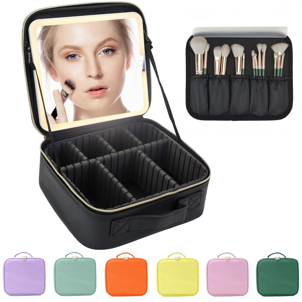 MORMID travel makeup bag with LED mirror showing adjustable brightness for accurate application.
