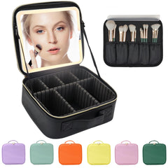 MORMID travel makeup bag with LED mirror showing adjustable brightness for accurate application.