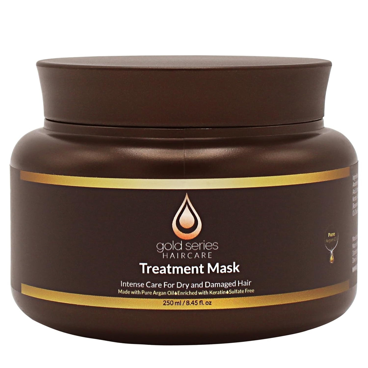 Moroccan Gold Series Treatment Mask packaging jar demonstrates deep conditioning for dry, damaged hair