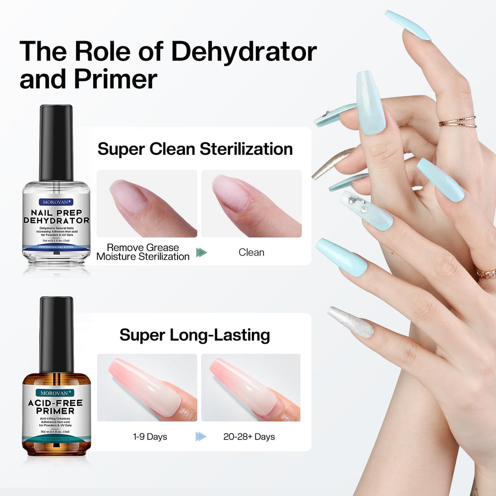 Morovan acid-free primer bottle highlights a solid base for gel and acrylic wear.