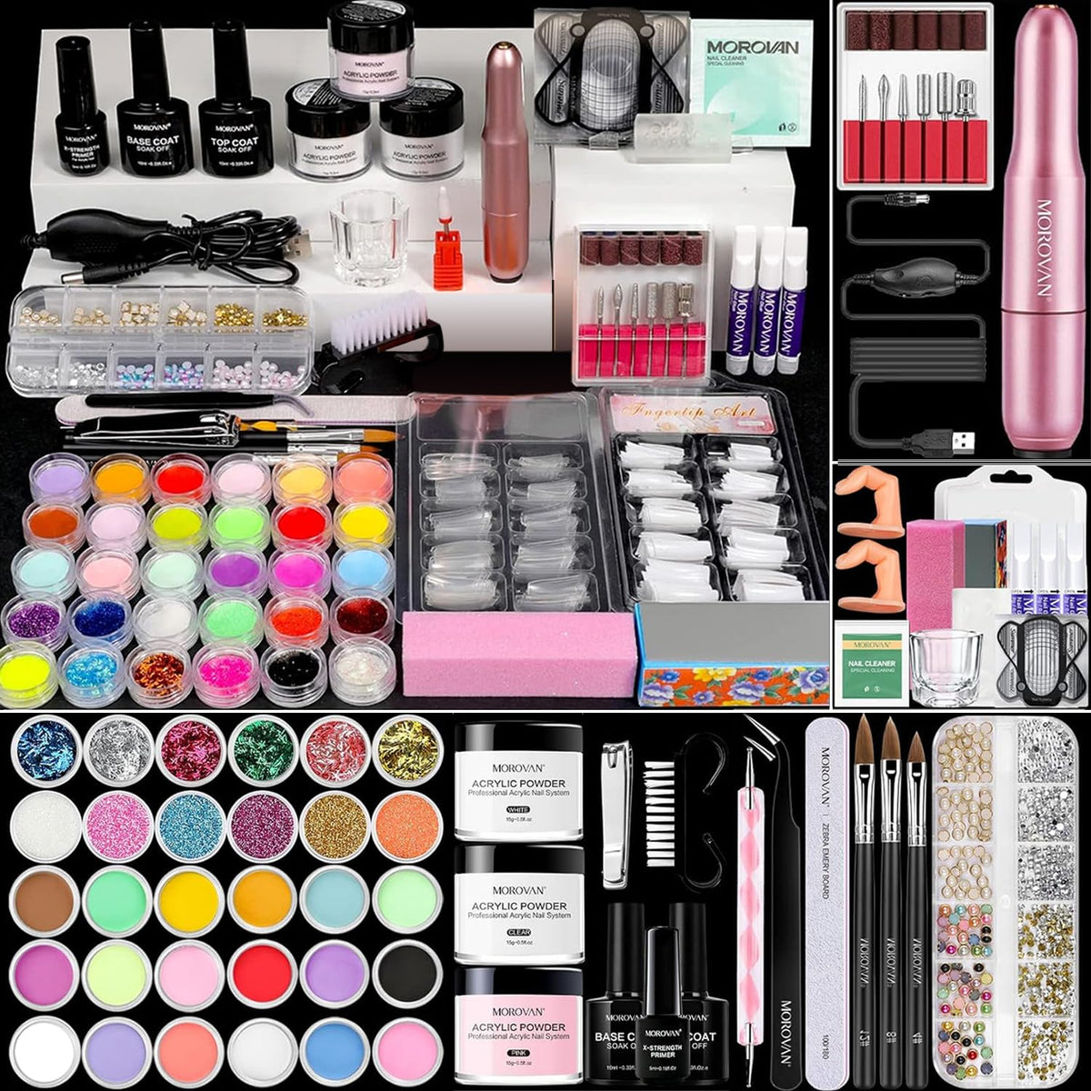 Morovan acrylic nail kit contents show all-in-one starter essentials for at-home manicures.