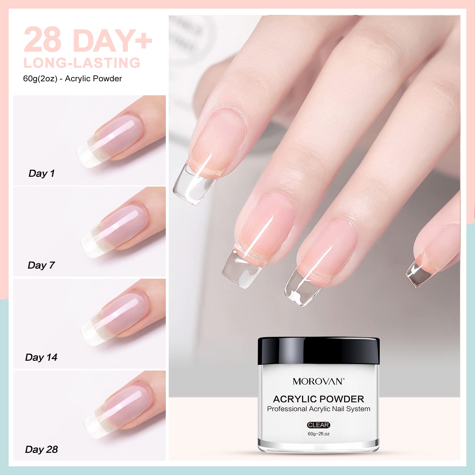Morovan acrylic nail powder set self-leveling surface creates smooth nail art with fewer adjustments.