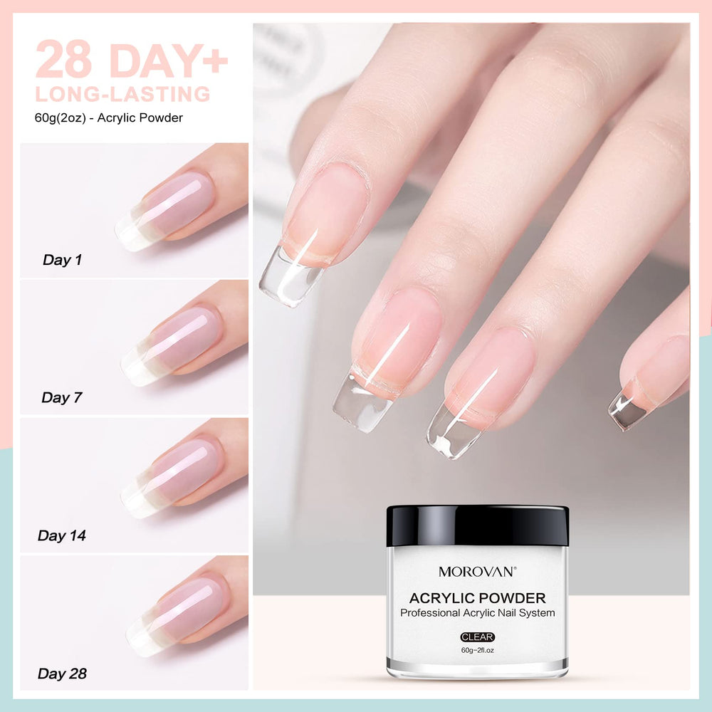 Morovan acrylic nail powder set self-leveling surface creates smooth nail art with fewer adjustments.