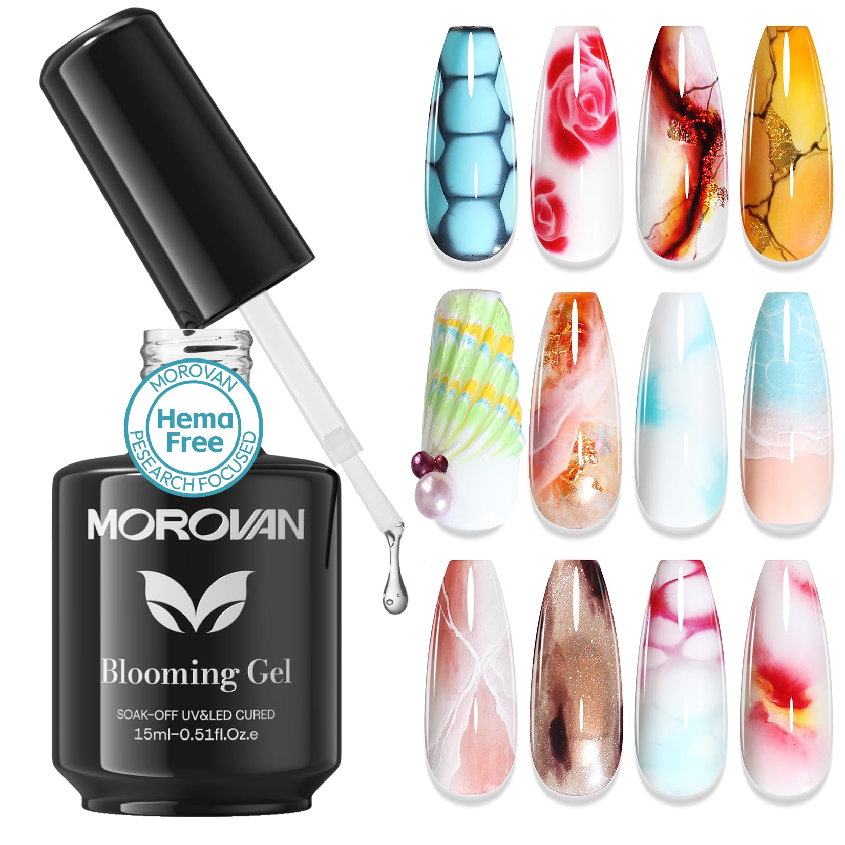 Morovan Blooming Gel bottle and brush for precise blooming effects at home