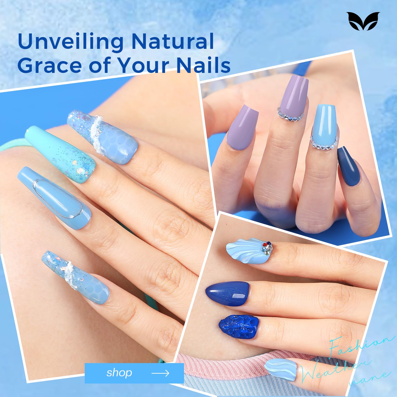 Morovan Blue Nail Polish Set glossy finish on fingertips for quick manicure.