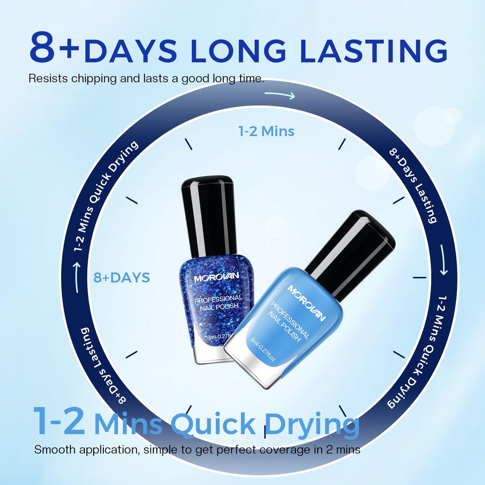 Morovan vegan-friendly formula in blue bottles ideal for DIY nail art
