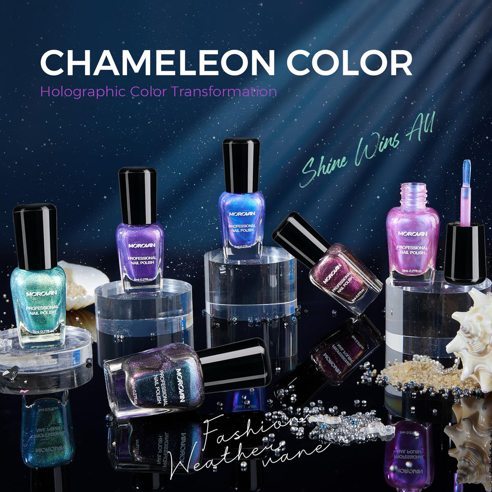 Morovan holographic aurora shift under light for dynamic manicure with every angle.