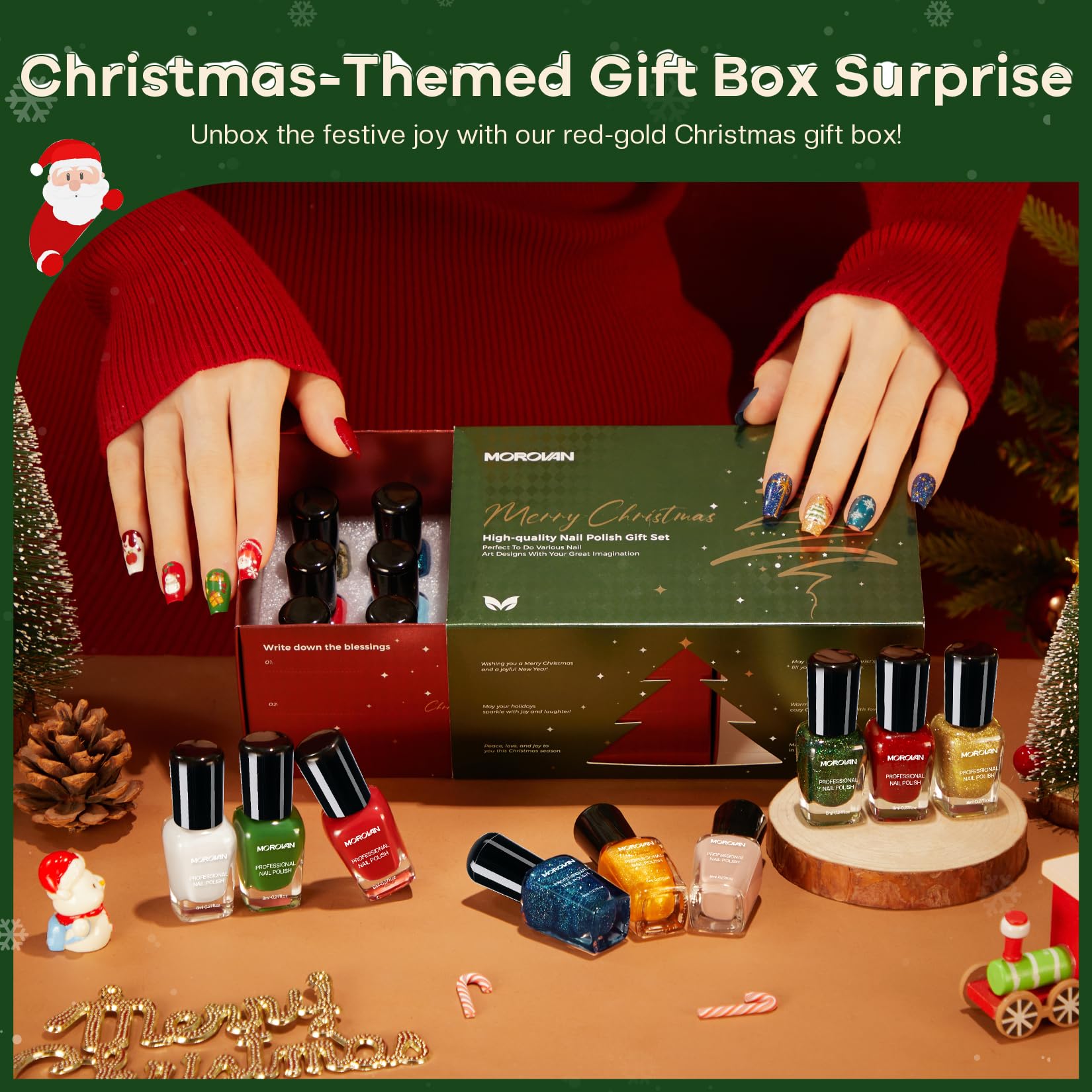 Morovan red glitter bottle highlighting bold red-glitter nails with party-ready sparkle.