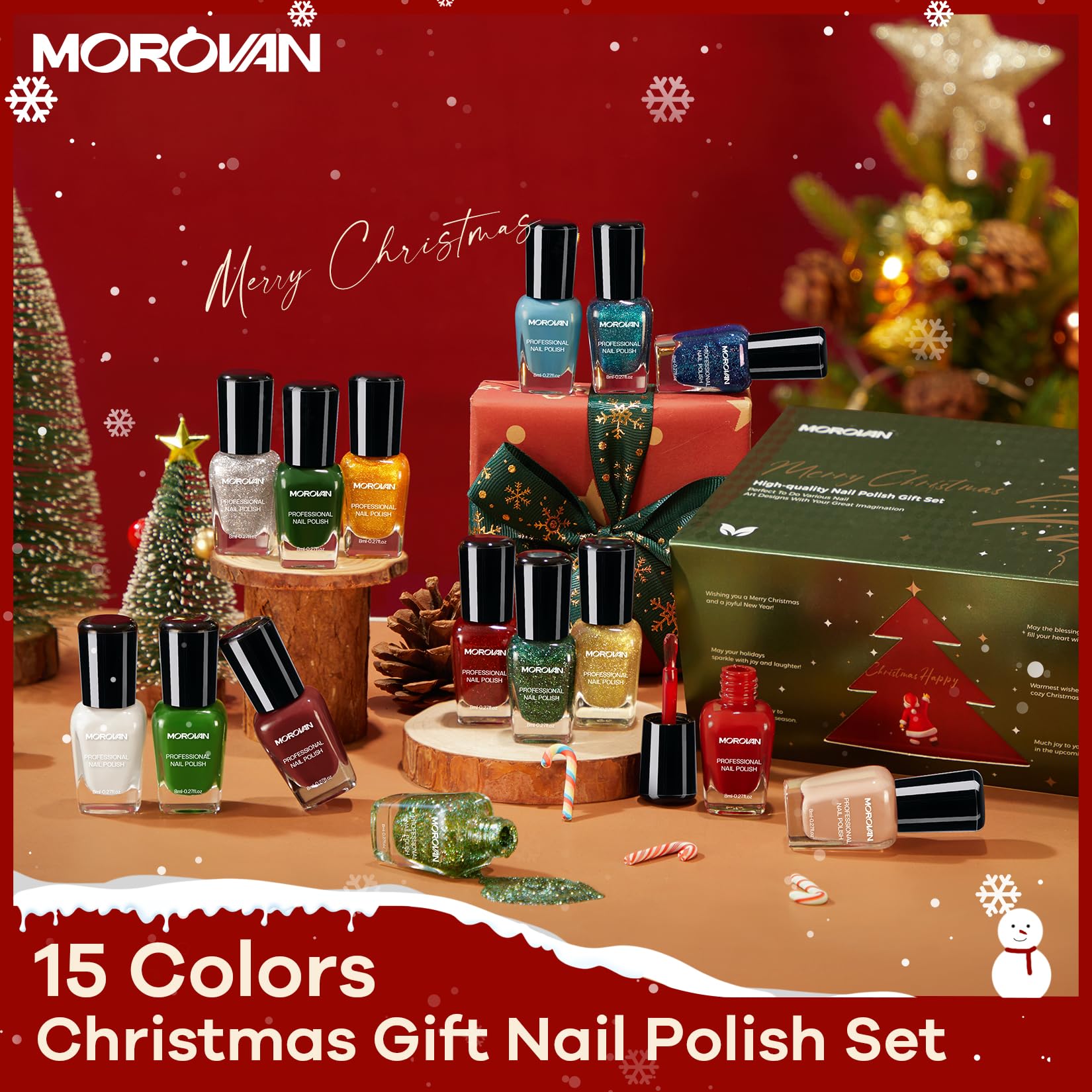 Morovan silver glitter bottle adds shimmering accents for festive holiday nails.