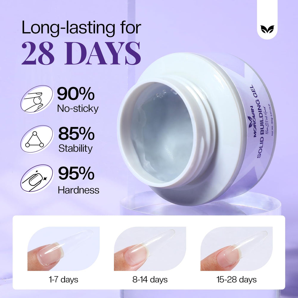 Morovan clear builder gel close-up shows non-sticky, easy sculpting texture