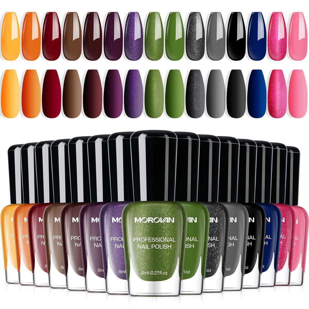 Morovan dark nail polish set bottle closeup showing rich color with quick dry finish