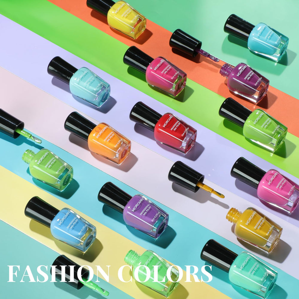 Morovan easy application quick dry formula demonstrated on neatly painted nails.