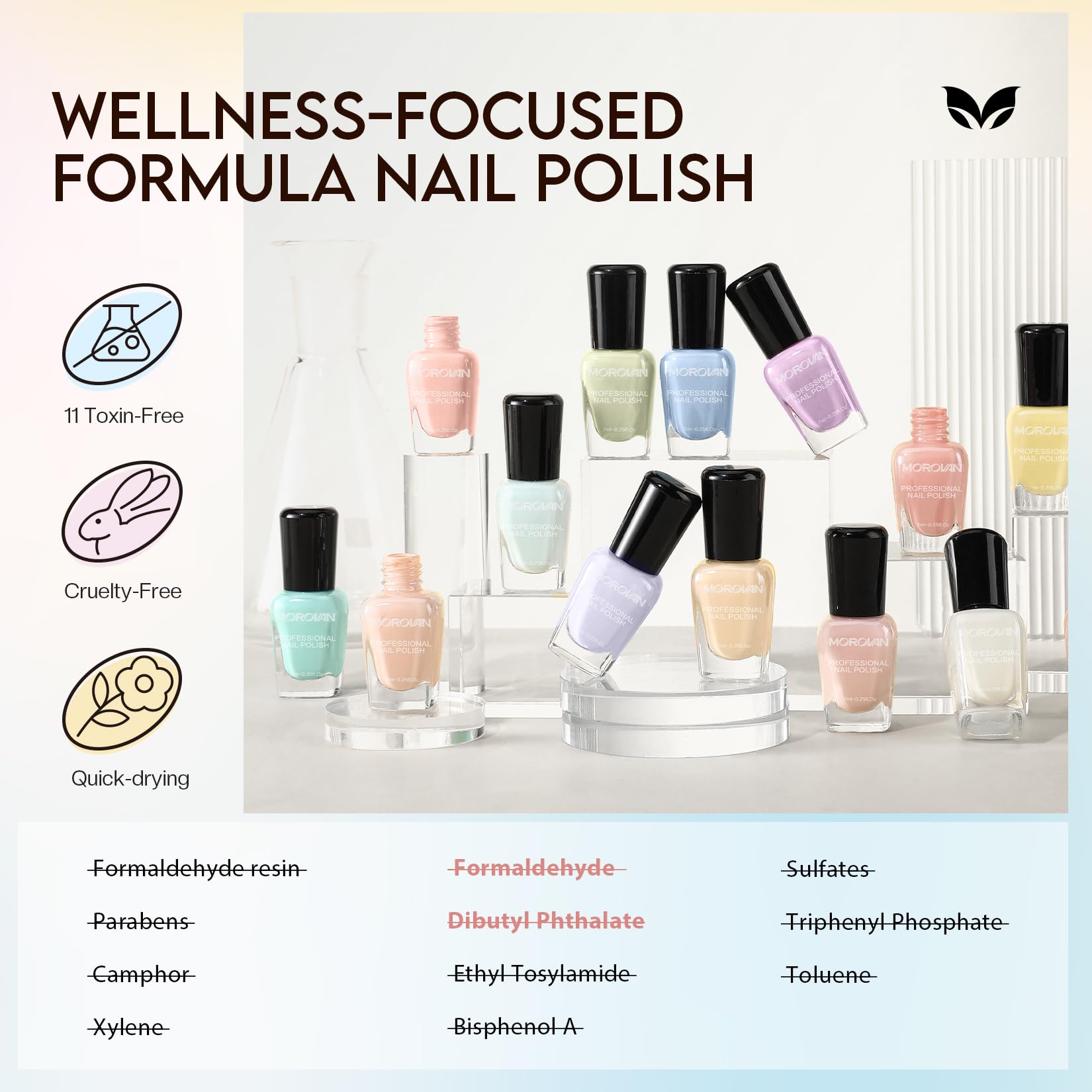 Morovan non-toxic formula bottle emphasizes gentle, safe nail care.