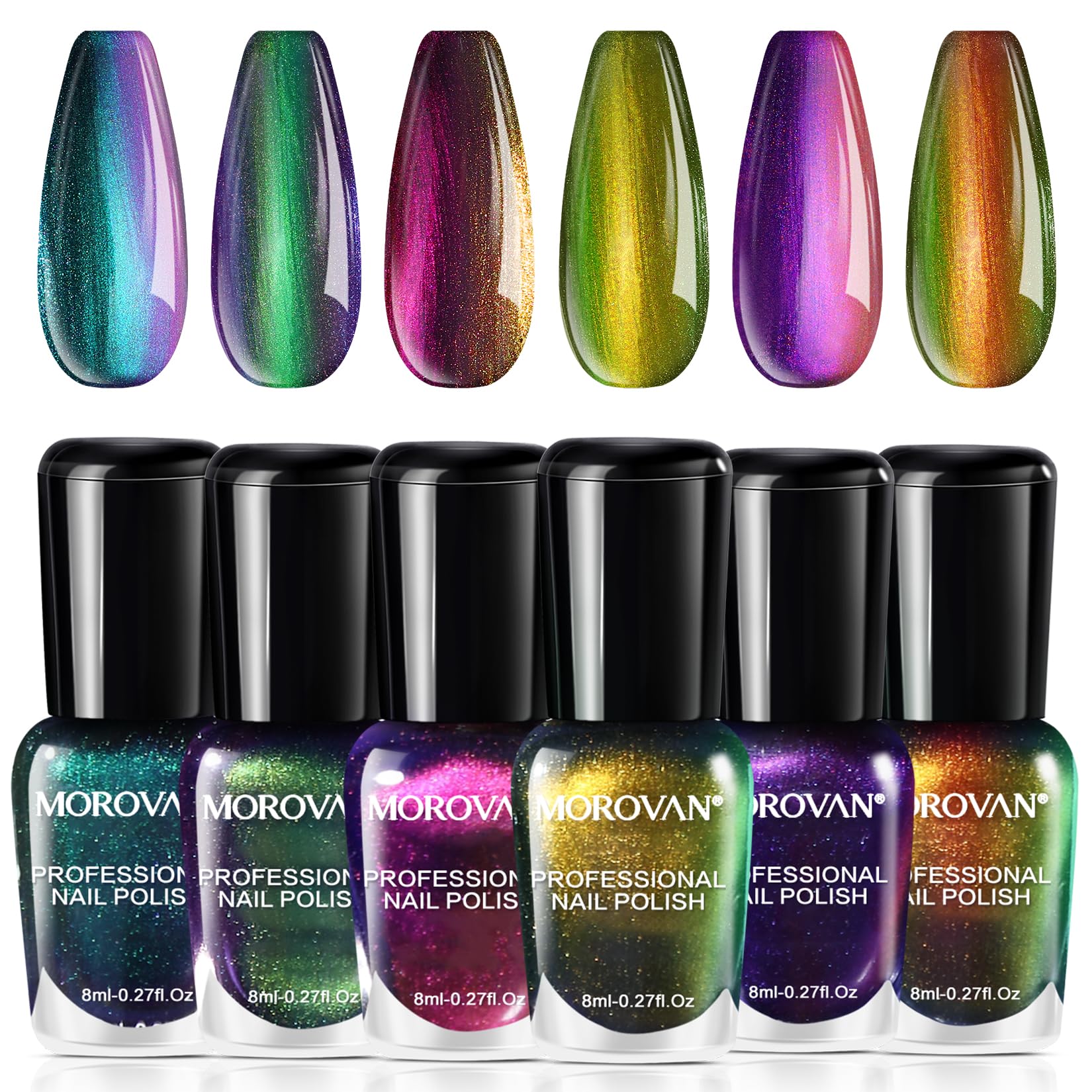 Morovan fingernail nail polish set with six chameleon chrome colors for versatile shimmering looks.