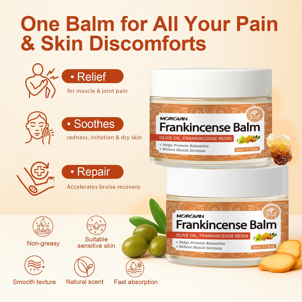 Morovan Frankincense Balm jar open showing creamy texture for skin smoothing