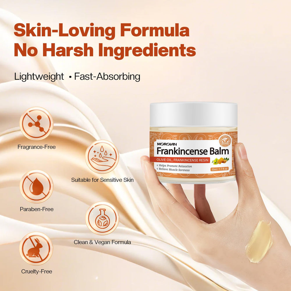 Massage-ready Morovan Frankincense Balm being spread on skin