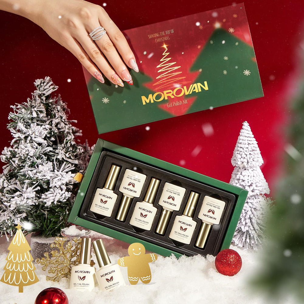 Morovan gel nail polish set gold silver shimmer swatches displays metallic options for festive nail design