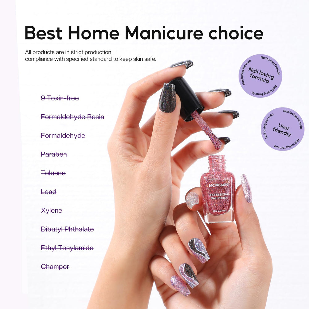 Morovan glitter nail polish set air-dry closeup demonstrates quick-dry effect without UV lamp.