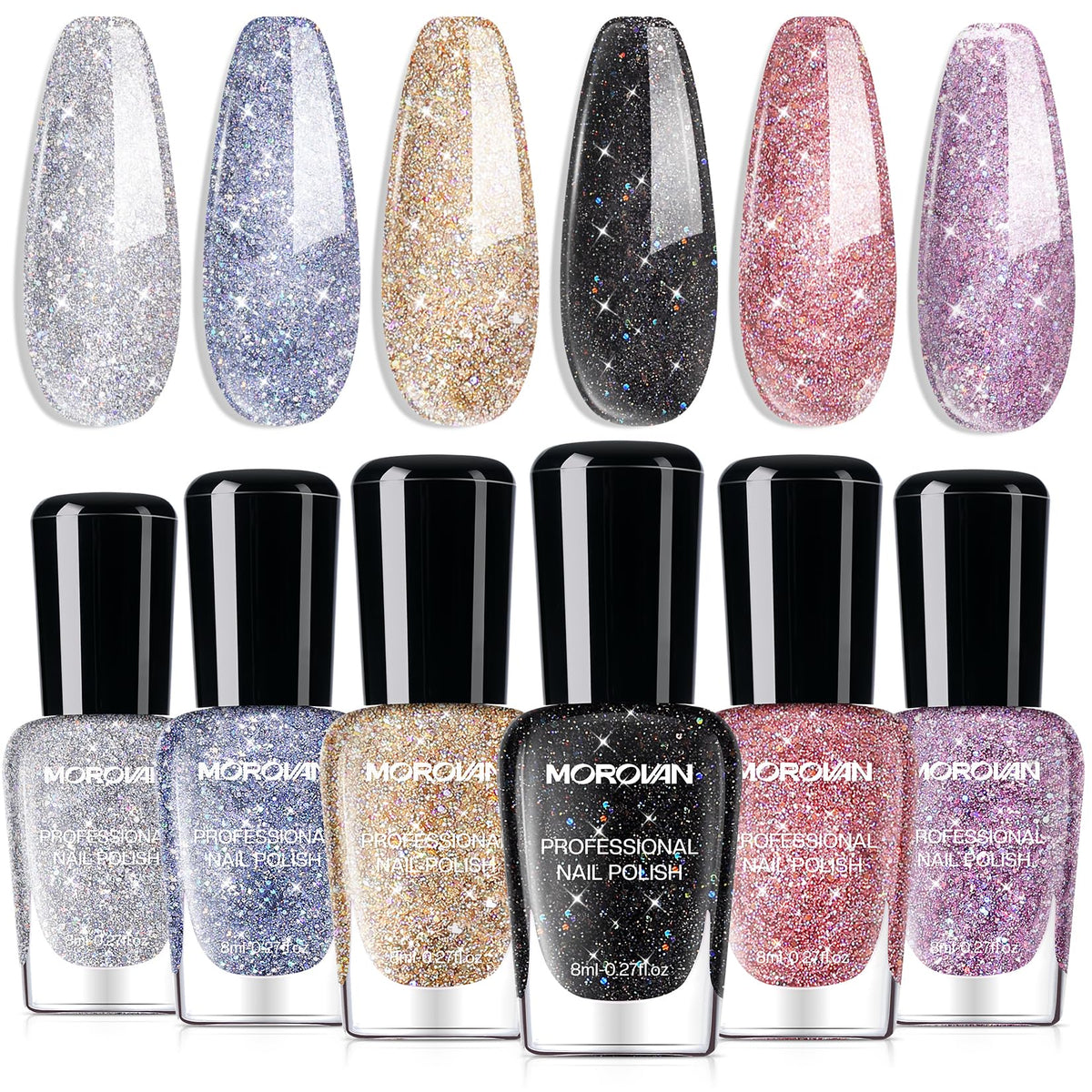 Morovan glitter nail polish set packaging shows a ready-to-gift bundle for six shades.