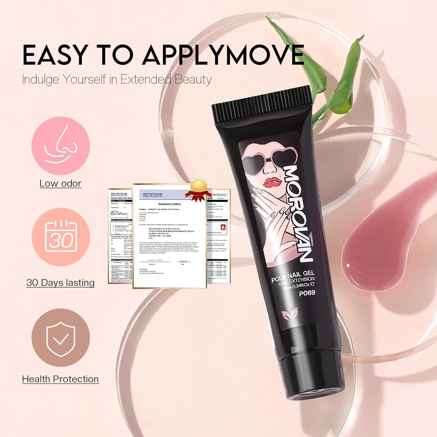 Morovan goat horn brush delivering smooth polygel application for salon-like finish.