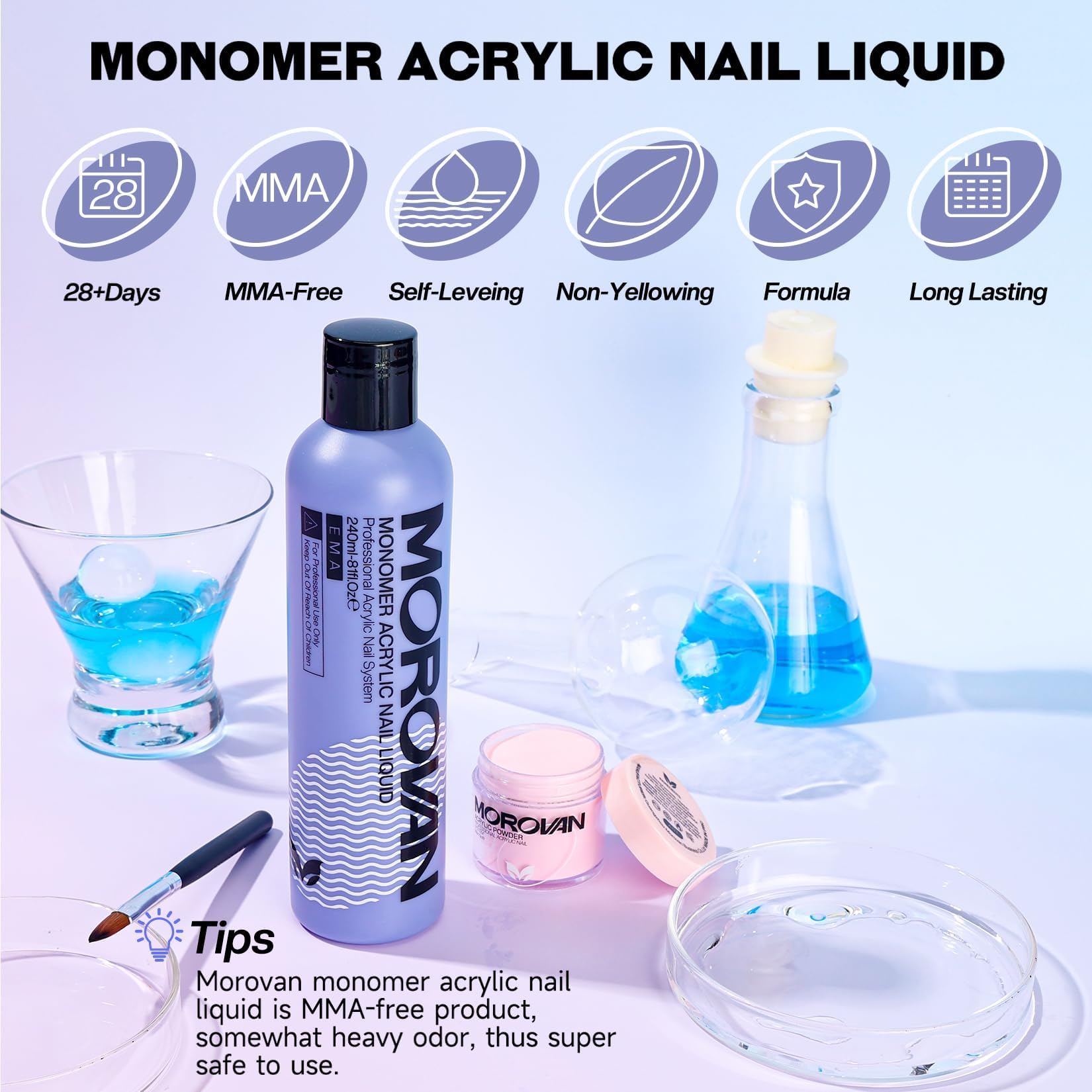 Morovan monomer nail liquid 8oz packaging shows premium MMA-free formula.