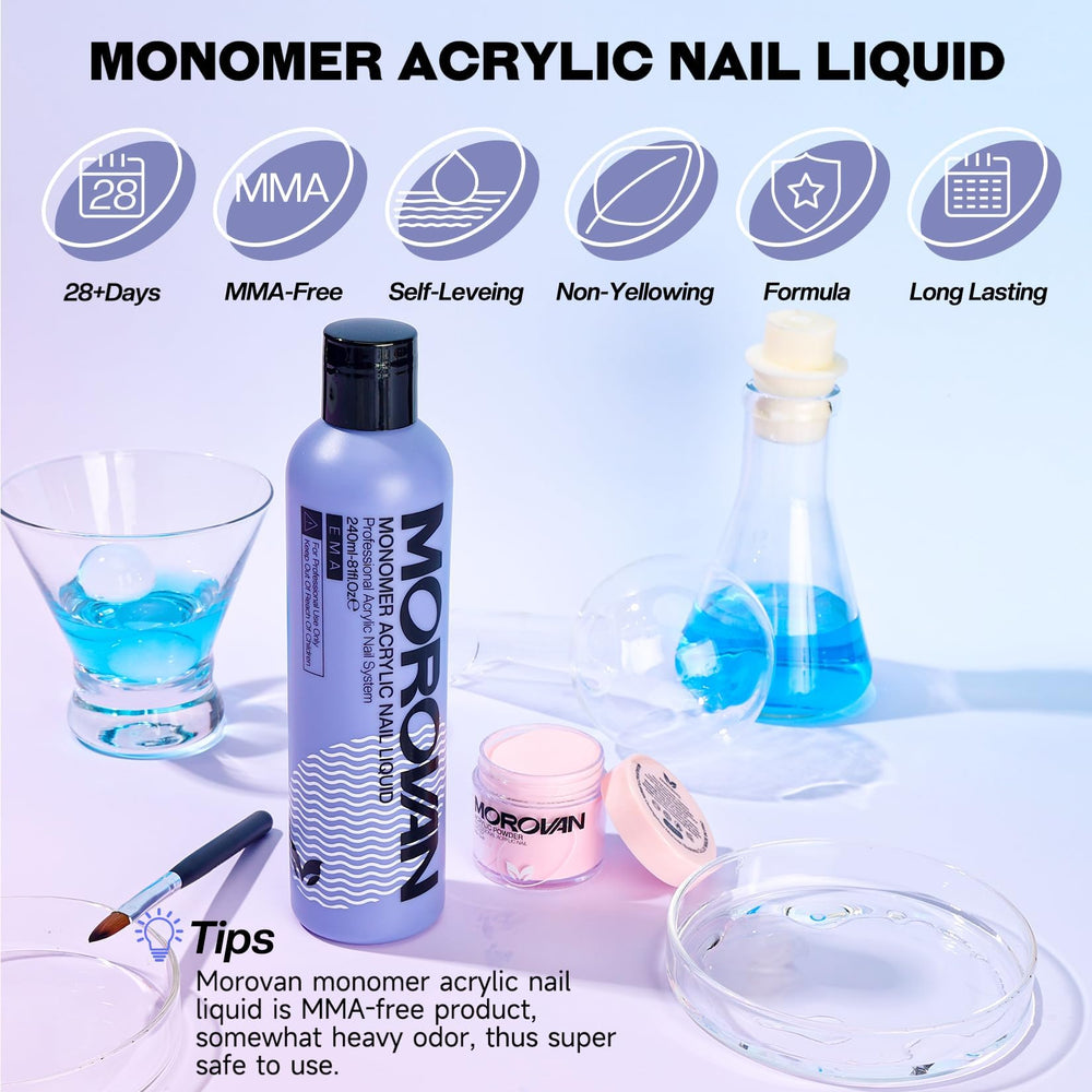 Morovan monomer nail liquid 8oz packaging shows premium MMA-free formula.