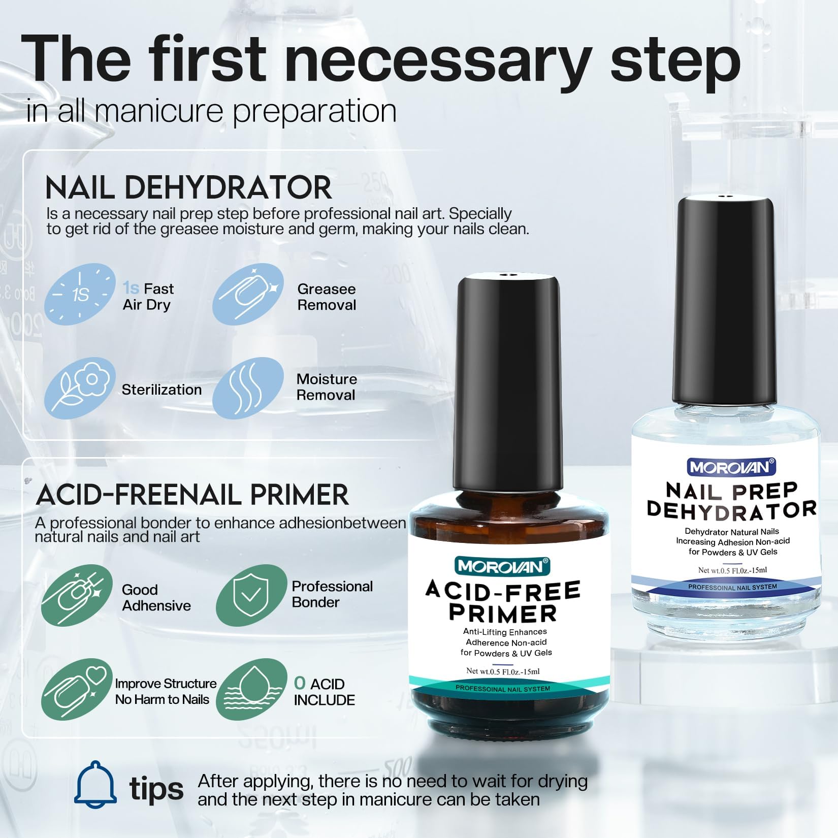 Morovan nail dehydrator application steps closeup illustrating oil removal and prep.