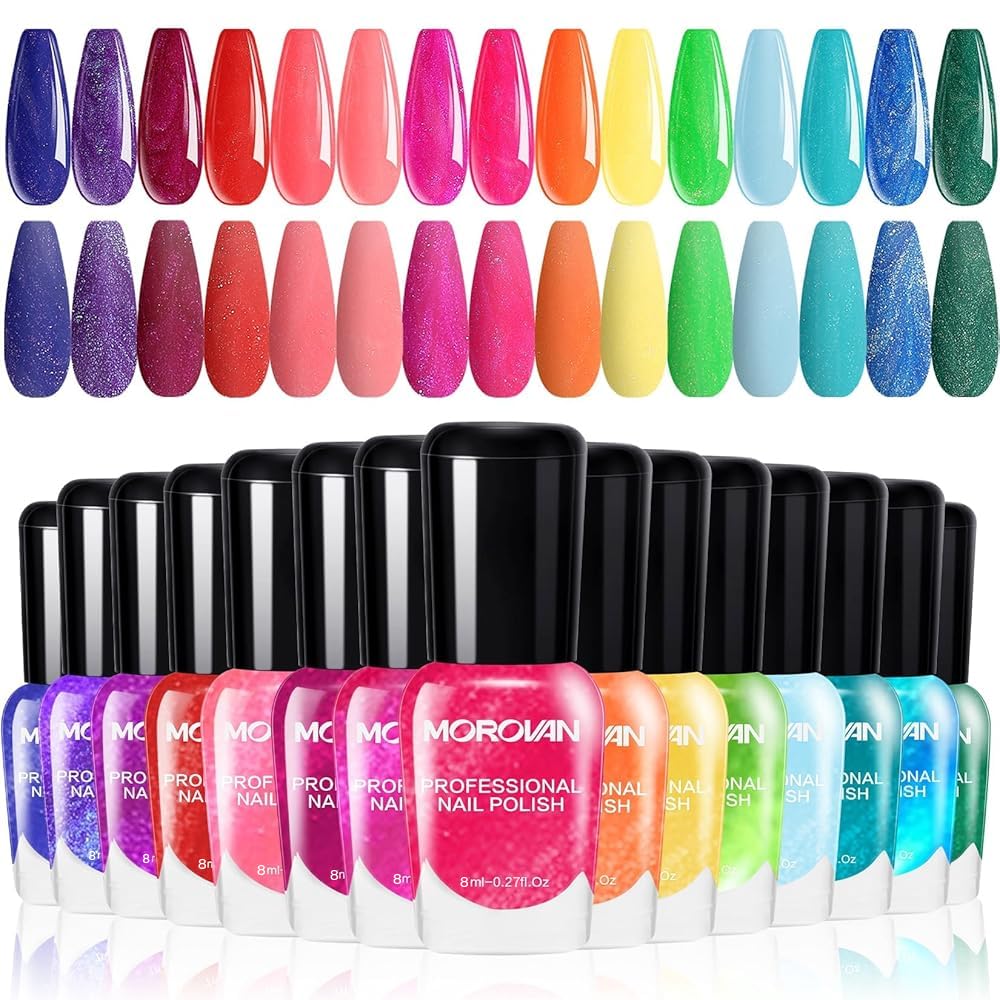 Morovan Nail Polish Set bright color bottles for vivid nails with high gloss.