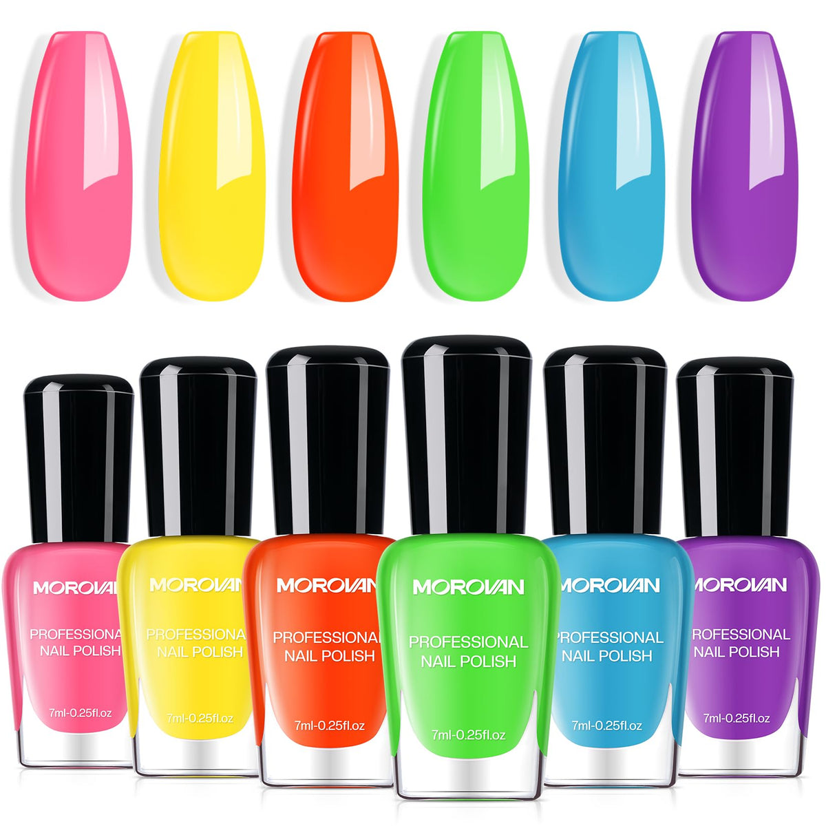 Morovan neon nail polish set color swatches show vibrant rainbow hues with quick-dry gloss.