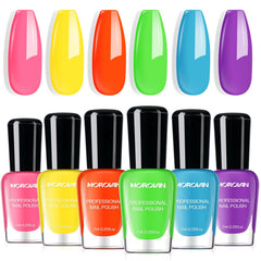 Morovan neon nail polish set color swatches show vibrant rainbow hues with quick-dry gloss.