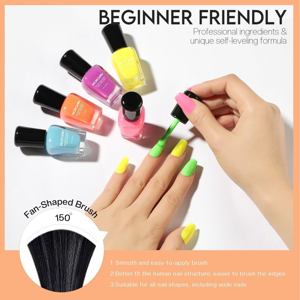 Morovan neon nail polish set glossy finish closeup reveals high-shine, durable look.